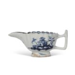 Lowestoft small blue and white cream boat scallop moulded with twig angular handle