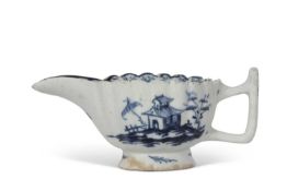 Lowestoft small blue and white cream boat scallop moulded with twig angular handle