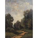 Théophile Emile Achille de Bock (Dutch 1851-1904), A treelined pathway under breaking clouds, oil on