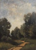 Théophile Emile Achille de Bock (Dutch 1851-1904), A treelined pathway under breaking clouds, oil on