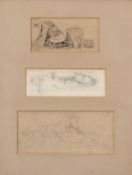 Joseph Stannard (British,1797-1830), three paneled pencil sketches of boats and figures, framed