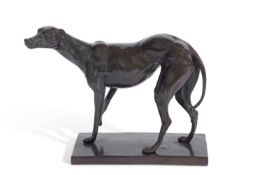 20th Century hollow bronze model of a Greyhound set on a rectangular plinth base, unsigned, approx