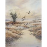 Simon T. Trinder (British, b.1958), Winter flight, watercolour, signed,18x14ins.