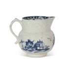 Rare Lowestoft porcelain cider jug circa 1765, decorated with a man fishing and Chinese island
