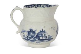 Rare Lowestoft porcelain cider jug circa 1765, decorated with a man fishing and Chinese island