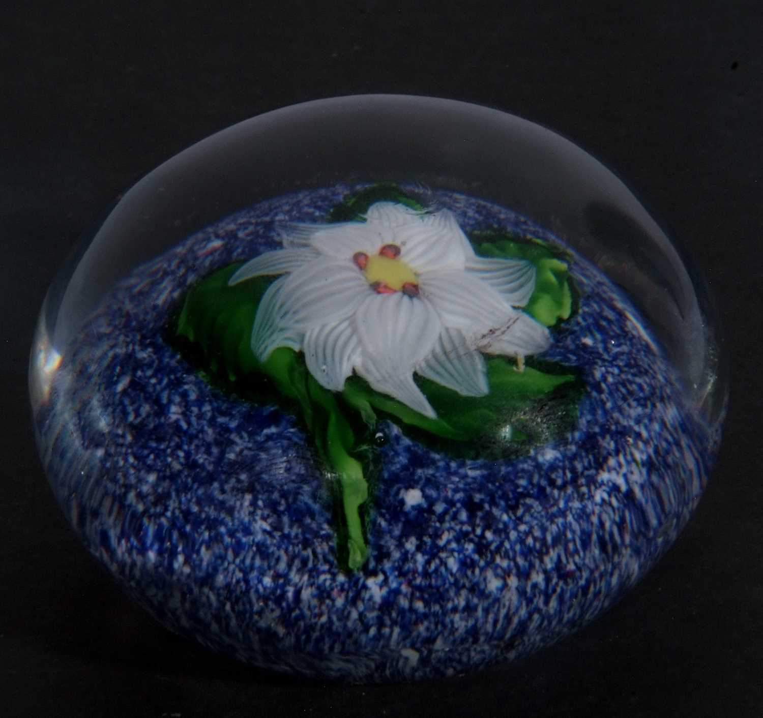 19th century St Louis miniature paperweight with a white flower and green leaves on a blue and white - Image 2 of 10