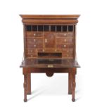 18th Century walnut veneered secretaire cabinet, the top section with moulded cornice over a