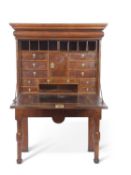 18th Century walnut veneered secretaire cabinet, the top section with moulded cornice over a