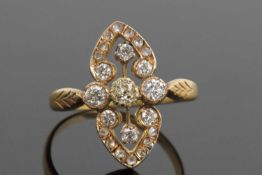 Vintage Marquise-shaped diamond ring, the ornate pierced plaque set with graduated mixed cut