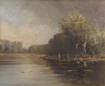 British School, Nineteenth Century, Riverscene with a young Waltonian along a bank, oil on canvas,
