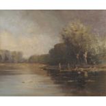 British School, Nineteenth Century, Riverscene with a young Waltonian along a bank, oil on canvas,