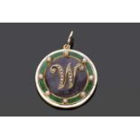 Antique 18ct gold circular enamel and seed pearl pendant, the crystal centre applied with a seed