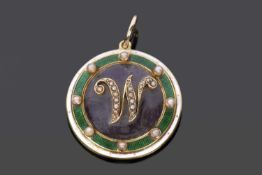 Antique 18ct gold circular enamel and seed pearl pendant, the crystal centre applied with a seed
