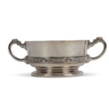 George VI heavy quality two handled quaiche in Celtic style having dolphin head looped handles,