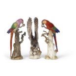 Pair of 19th Century meissen parrots, both mounted on tree stumps with branches (losses to leaves)