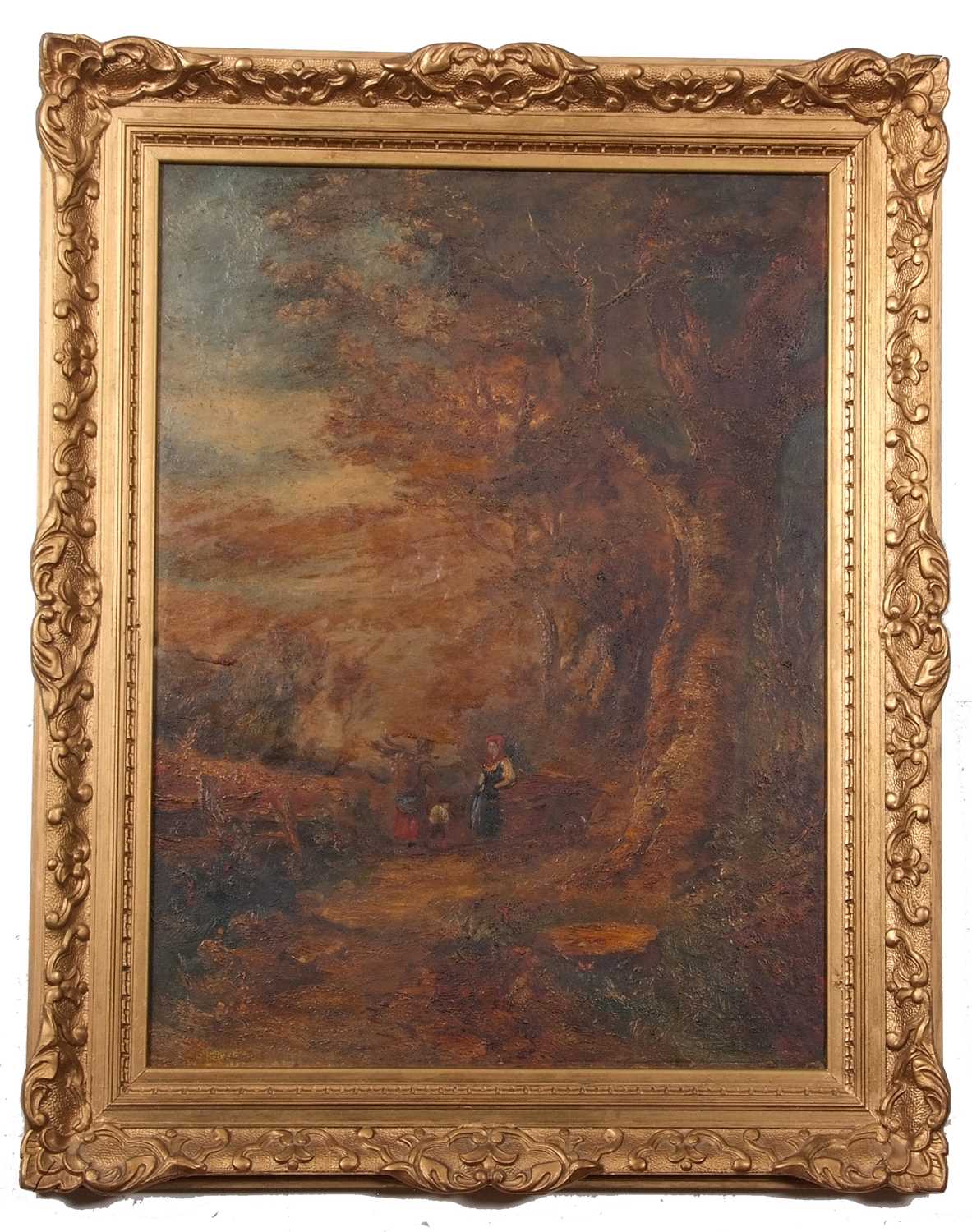 French School, 19th Century, A woodland scene with figures along a path, oil on canvas, 24x17insQty: - Image 2 of 3
