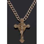 9ct gold flattened curb link necklace suspending a 9ct gold cross pendant, g/w 36.7gms