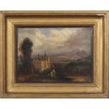 Italian School, two foreground figures, church and mountain range in the distance, oil on board,