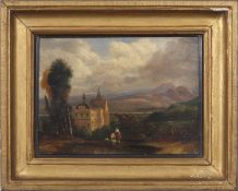 Italian School, two foreground figures, church and mountain range in the distance, oil on board,