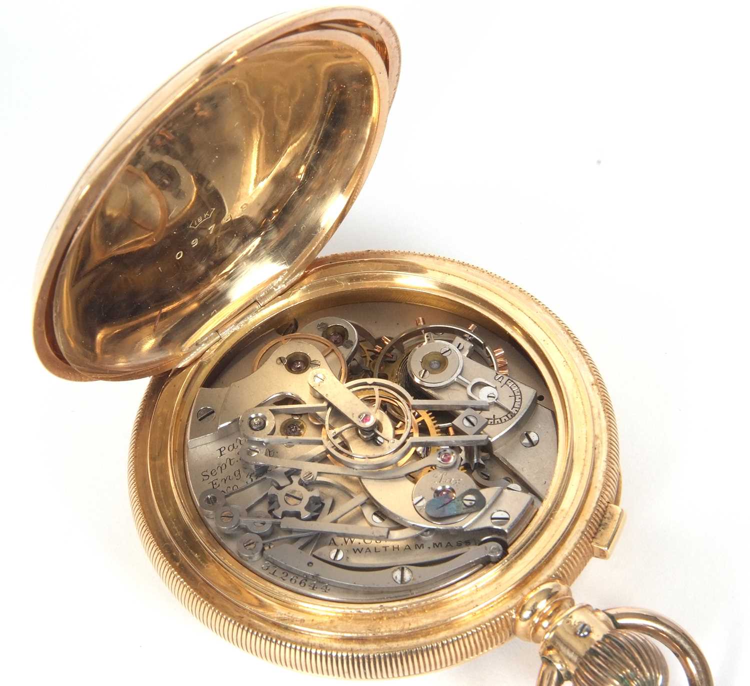 Waltham yellow metal chronograph pocket watch stamped 18k in the case back, it has a white enamel - Image 5 of 7