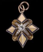 Victorian enamel and diamond star pendant, the centre with an old cushion cut diamond, 0.45ct