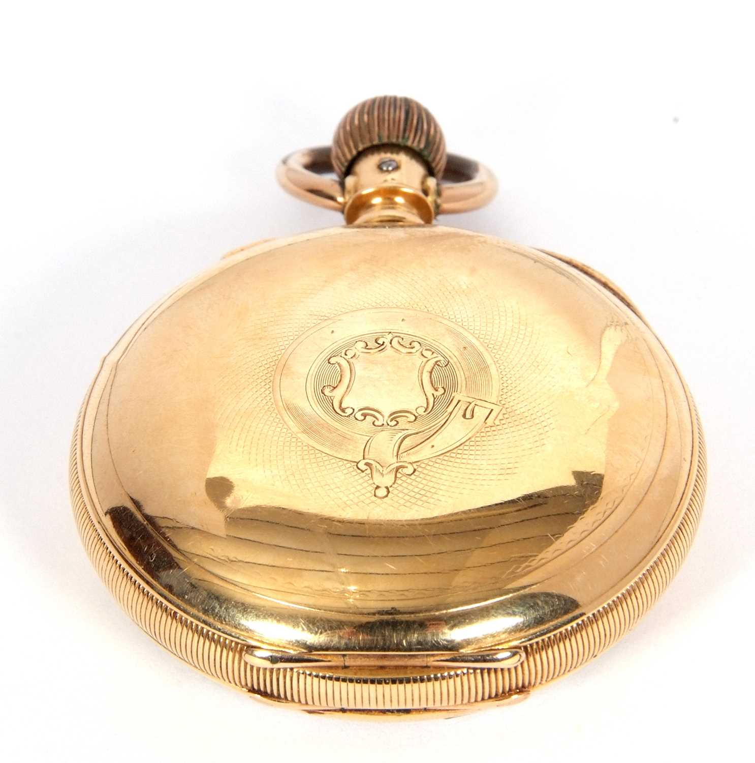 Waltham yellow metal chronograph pocket watch stamped 18k in the case back, it has a white enamel - Image 2 of 7