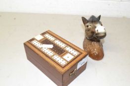 Folding cribbage board and a wall plaque formed as a ponies head