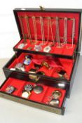 Cantilever jewellery box containing various modern pocket watches