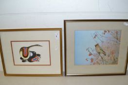 Framed Roger Tidman coloured print of a wax wing together with a further abstract print (2)