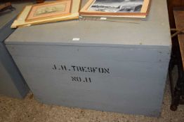 Grey painted pine packing trunk, 100 cm wide