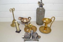 Mixed Lot: Brass door stop, chamber sticks, soda syphon etc