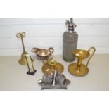 Mixed Lot: Brass door stop, chamber sticks, soda syphon etc