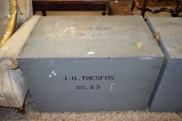 Grey painted pine packing trunk, 100cm wide