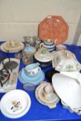 Mixed Lot: Various assorted ceramics to include a pair of ironstone jugs, wall clock, covered