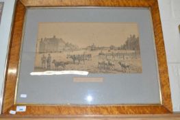 19th Century black and white print, Swaffham Market Place, set in a maple veneered frame