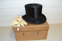 Dunn & Co top hat and a pair of white leather gloves