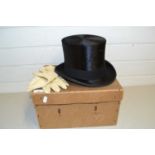 Dunn & Co top hat and a pair of white leather gloves