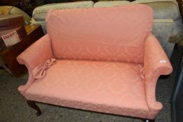 George III style mahogany framed sofa upholstered in pink damask material raised on cabriole legs