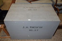 Grey painted pine packing trunk, 100cm wide