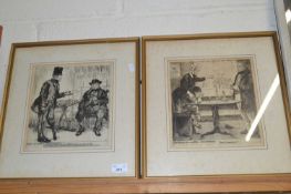 Black and white etching, scene from David Copperfield and one other, both framed and glazed