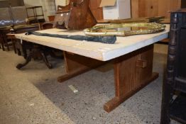 Large cedar wood kitchen table with solid end supports and cross stretcher, top 182cm square