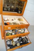 Cantilever jewellery box containing various pocket watches, wristwatches, costume jewellery etc