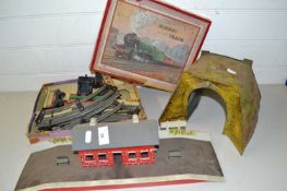 Mixed Lot: A vintage 0 gauge Hornby locomotive, various rolling stock, track, platform and tunnel