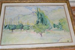 20th Century school unsigned watercolour, trees with a mountain background, framed and glazed