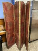 Large red and gilt decorated three fold dressing screen