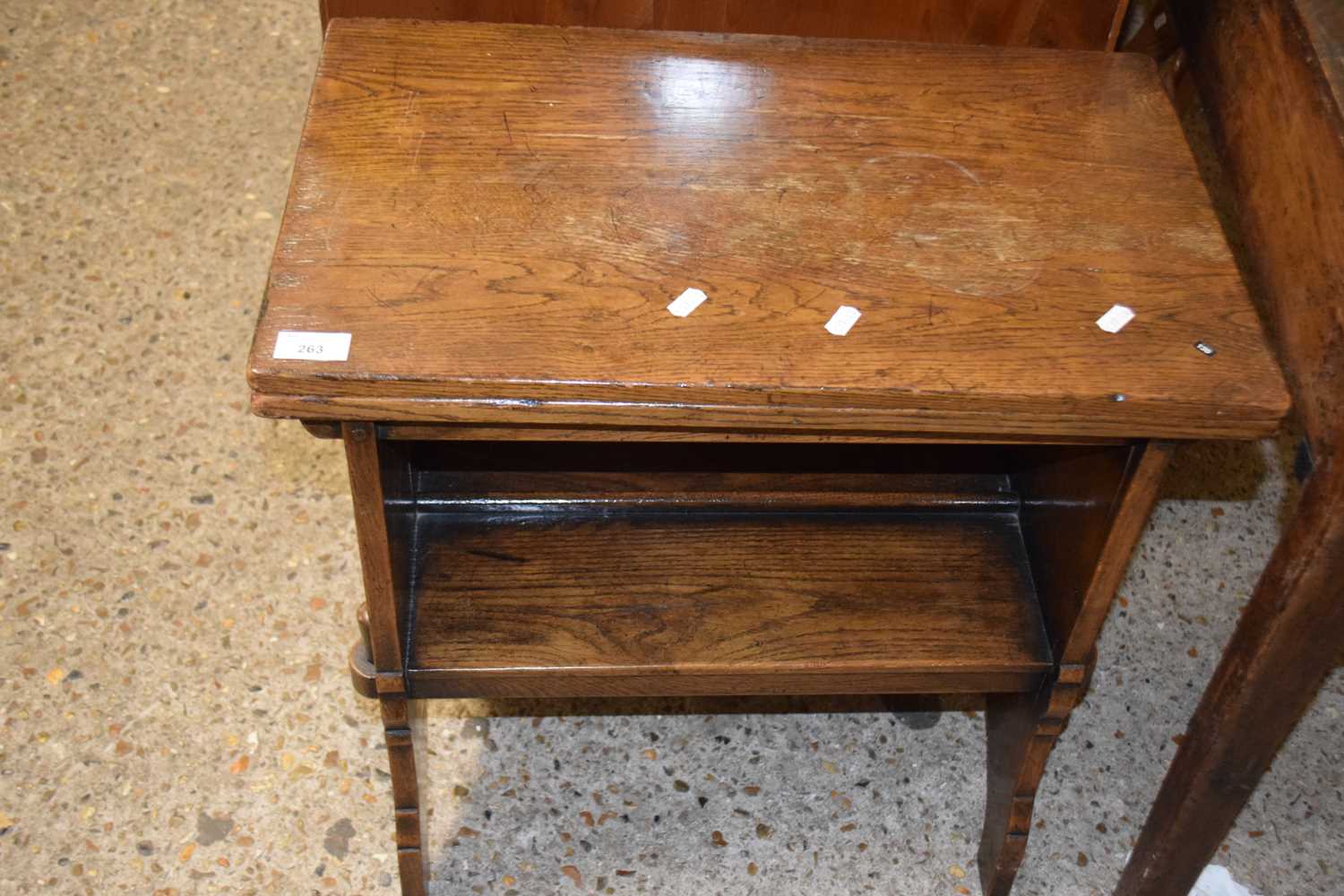 Small oak fold top coffee table with base shelf, 57cm wide