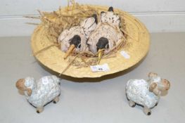 Mixed Lot comprising ceramic model birds in a hat and two pottery sheep