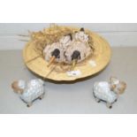 Mixed Lot comprising ceramic model birds in a hat and two pottery sheep