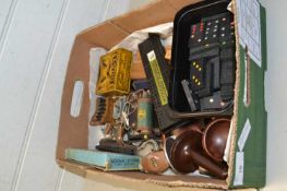 Box of various mixed items including dominoes, cribbage board etc