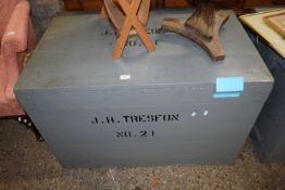 Grey painted pine packing trunk, 100cm wide